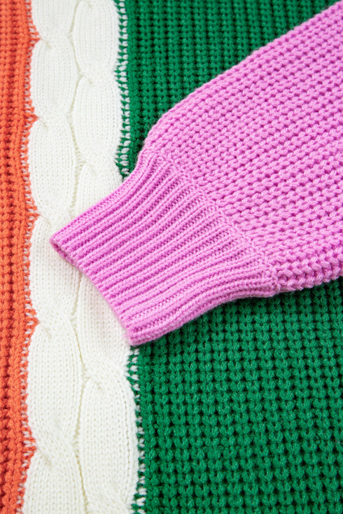 Mixed Texture Patchwork Cable Knit Pullover Sweater