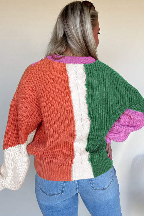 Mixed Texture Patchwork Cable Knit Pullover Sweater