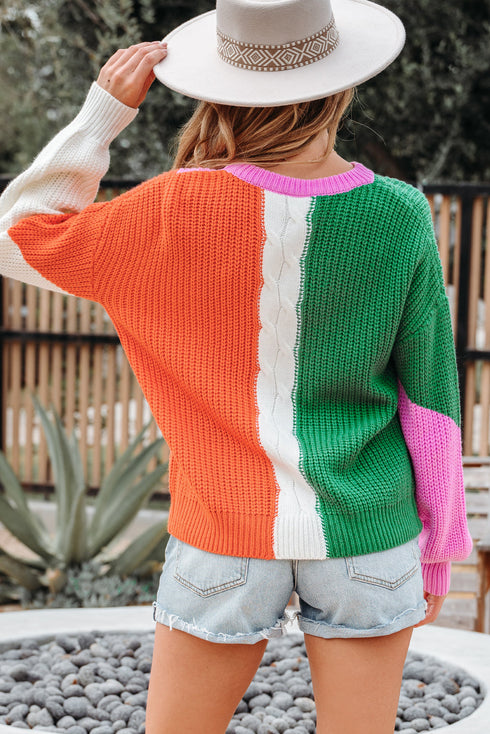 Mixed Texture Patchwork Cable Knit Pullover Sweater