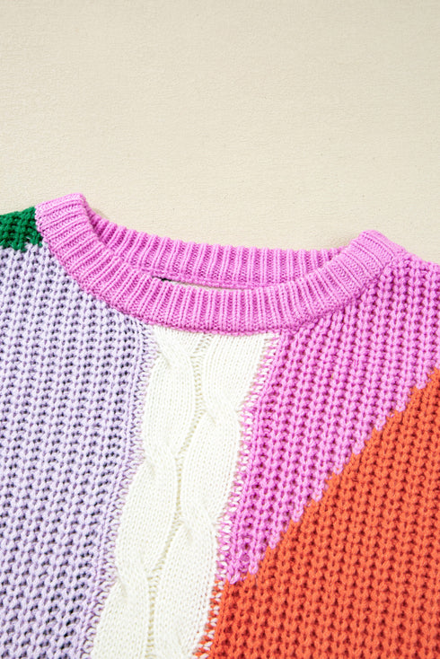Mixed Texture Patchwork Cable Knit Pullover Sweater