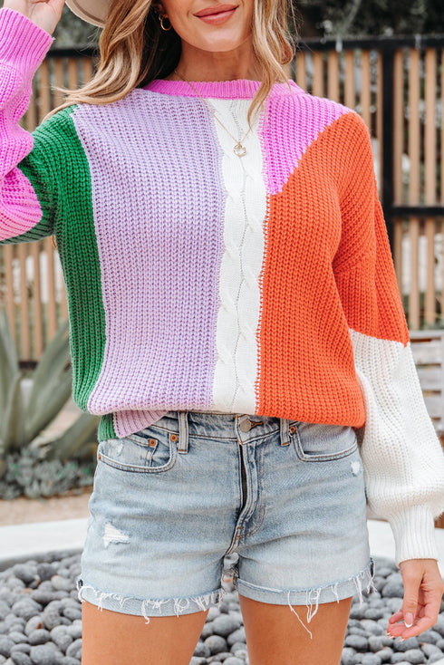 Mixed Texture Patchwork Cable Knit Pullover Sweater