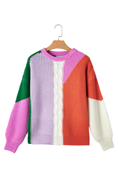 Mixed Texture Patchwork Cable Knit Pullover Sweater