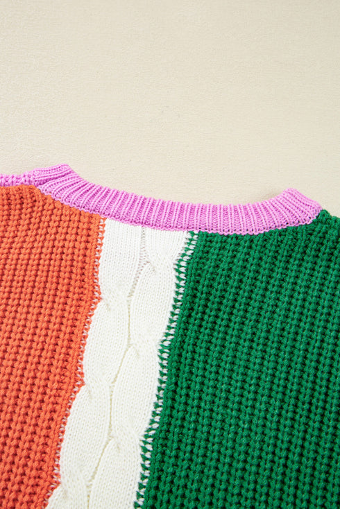 Mixed Texture Patchwork Cable Knit Pullover Sweater
