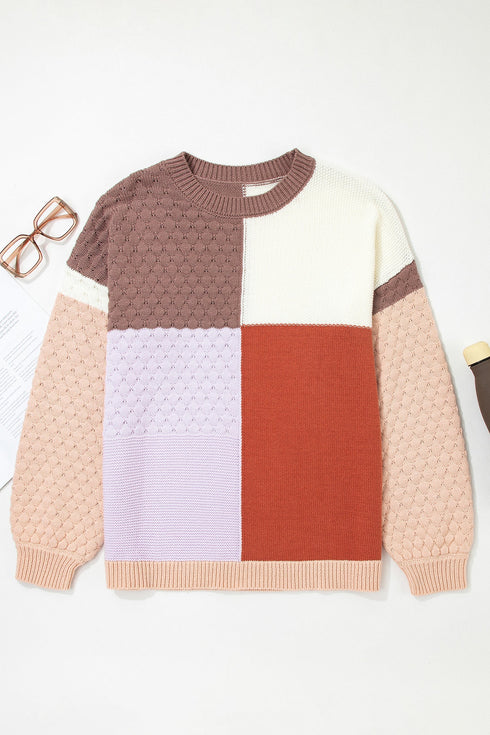 Mixed Texture Patchwork Crew Neck Pullover Sweater