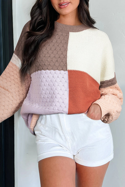 Mixed Texture Patchwork Crew Neck Pullover Sweater