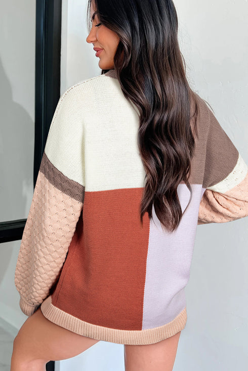 Mixed Texture Patchwork Crew Neck Pullover Sweater