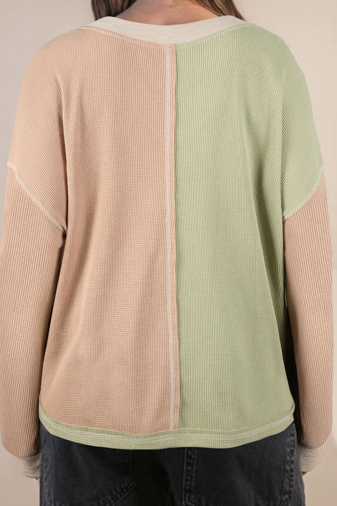 Mixed Texture Patchwork Paneled V Neck Long Sleeve Top
