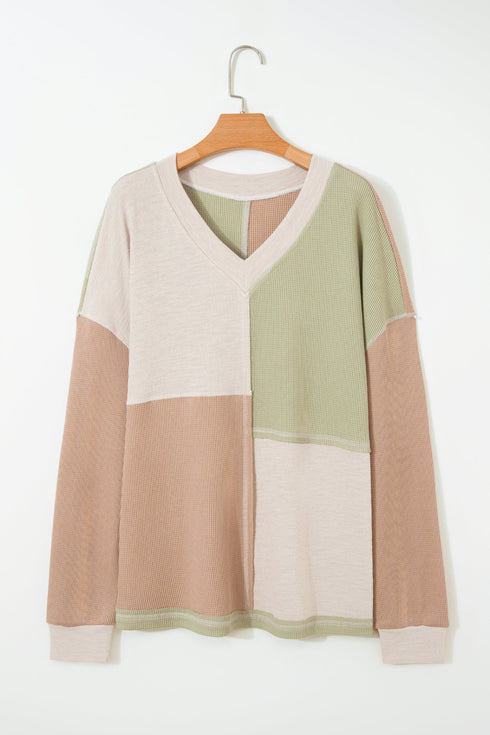 Mixed Texture Patchwork Paneled V Neck Long Sleeve Top