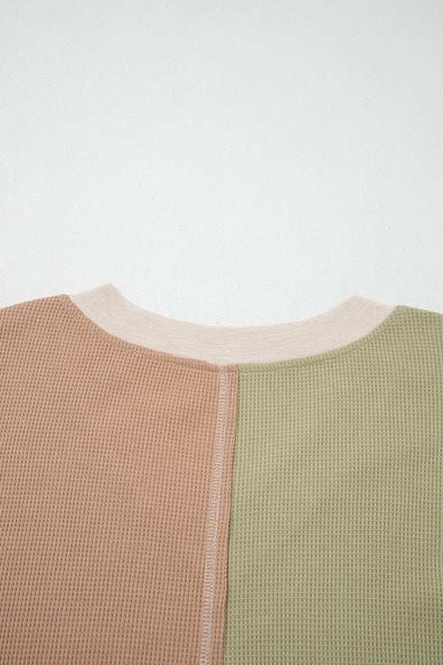 Mixed Texture Patchwork Paneled V Neck Long Sleeve Top