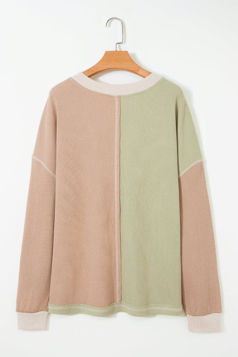 Mixed Texture Patchwork Paneled V Neck Long Sleeve Top