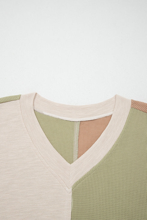 Mixed Texture Patchwork Paneled V Neck Long Sleeve Top