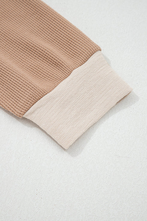 Mixed Texture Patchwork Paneled V Neck Long Sleeve Top