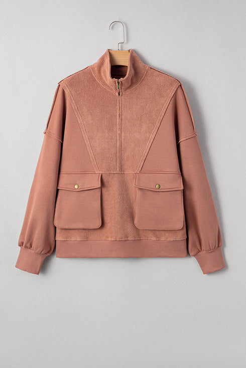 Mixed Texture Quarter Zip Cargo Pocket Pullover