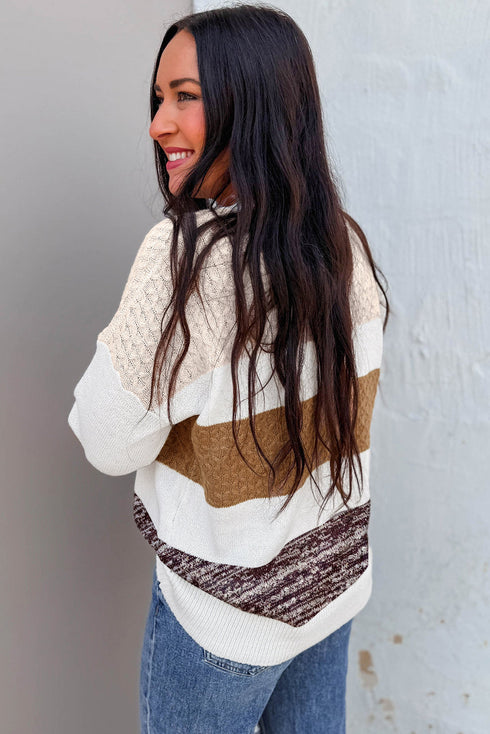 Mixed Texture Striped Color Block Relaxed Fit Sweater