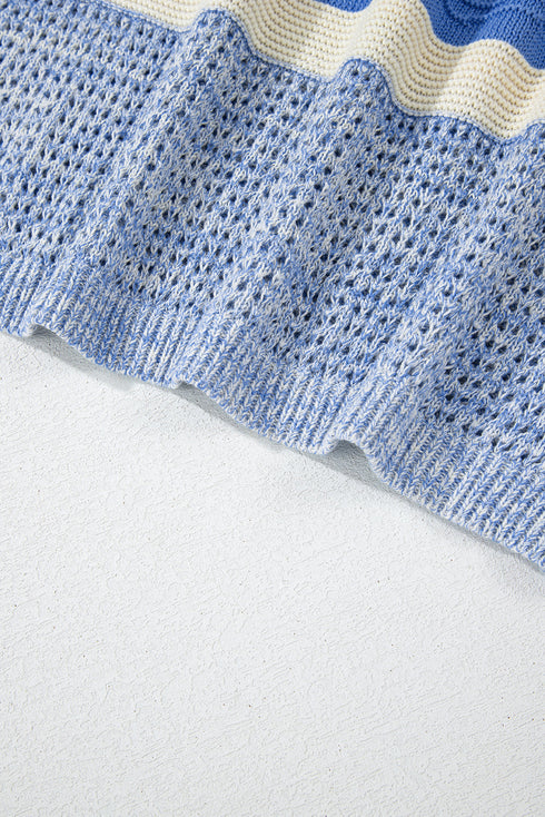 Mixed Texture Striped Pointelle Scalloped Hem Sweater