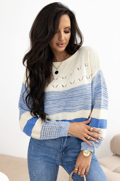 Mixed Texture Striped Pointelle Scalloped Hem Sweater