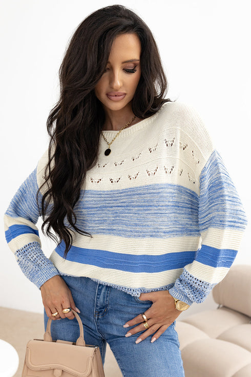 Mixed Texture Striped Pointelle Scalloped Hem Sweater