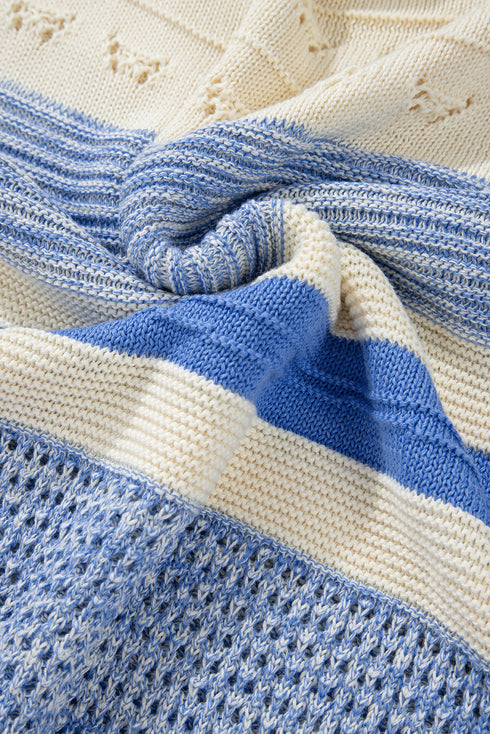 Mixed Texture Striped Pointelle Scalloped Hem Sweater