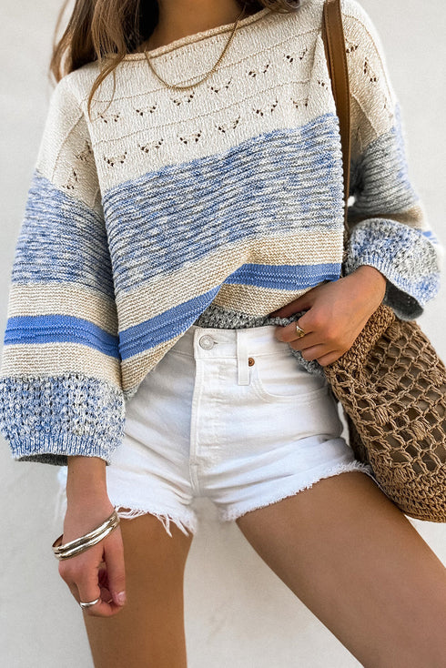 Mixed Texture Striped Pointelle Scalloped Hem Sweater