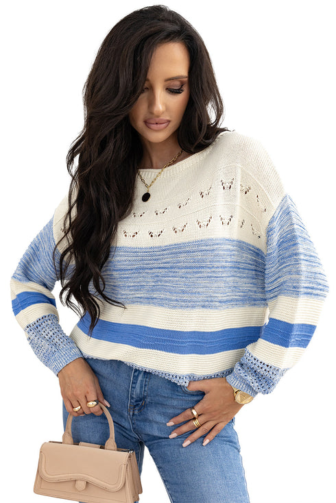 Mixed Texture Striped Pointelle Scalloped Hem Sweater