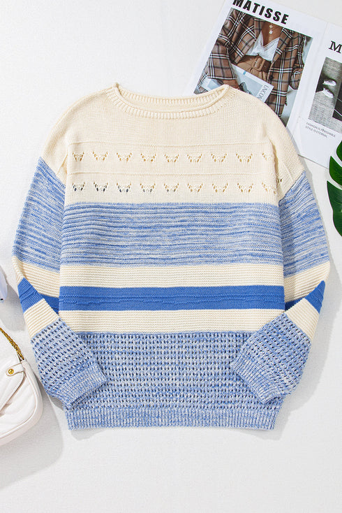 Mixed Texture Striped Pointelle Scalloped Hem Sweater