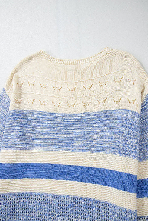 Mixed Texture Striped Pointelle Scalloped Hem Sweater