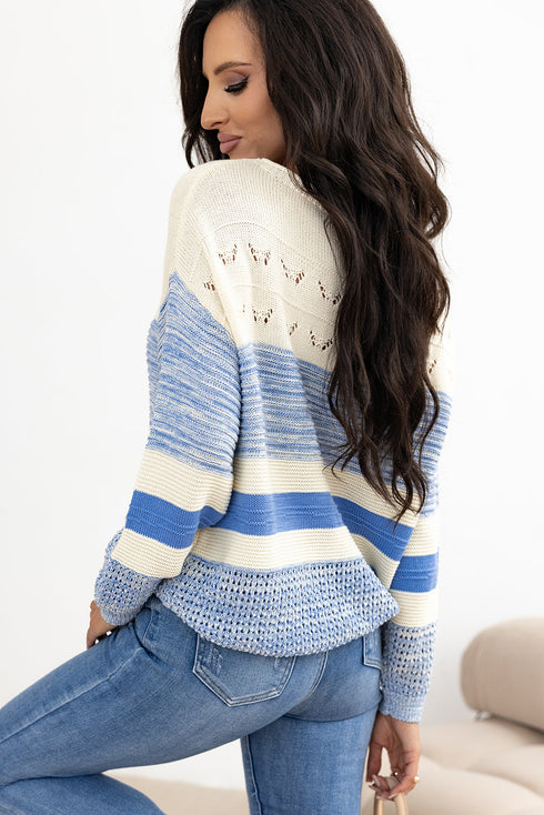 Mixed Texture Striped Pointelle Scalloped Hem Sweater