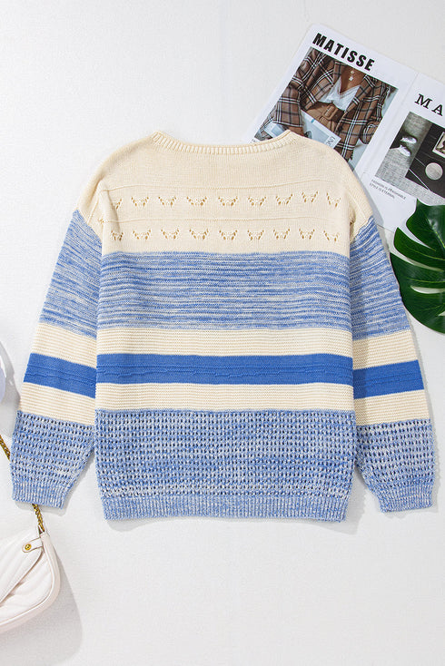 Mixed Texture Striped Pointelle Scalloped Hem Sweater