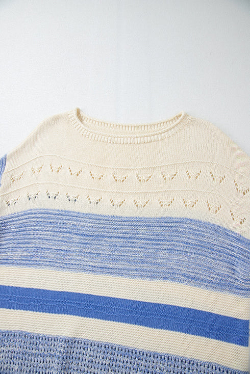 Mixed Texture Striped Pointelle Scalloped Hem Sweater
