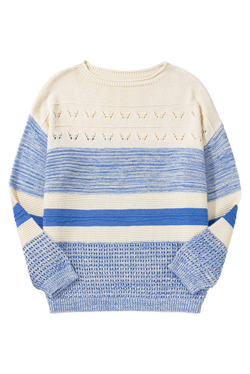 Mixed Texture Striped Pointelle Scalloped Hem Sweater