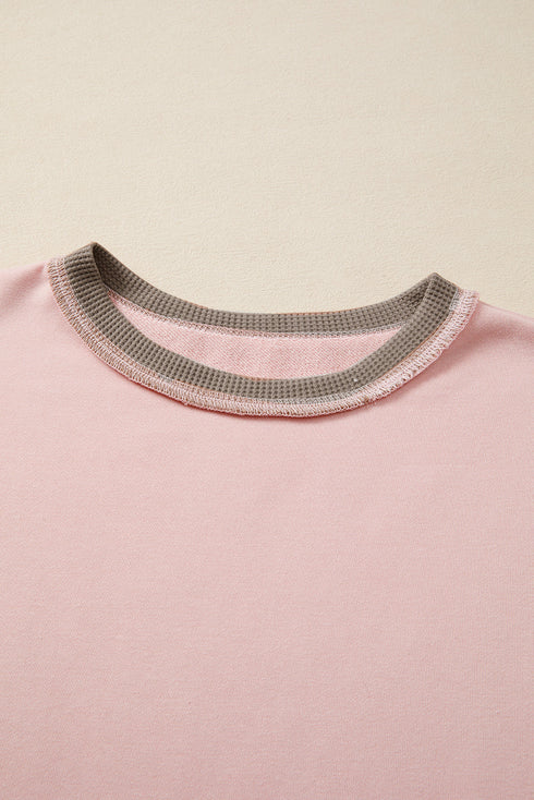 Mixed Texture Waffle Knit Accent Pullover Top