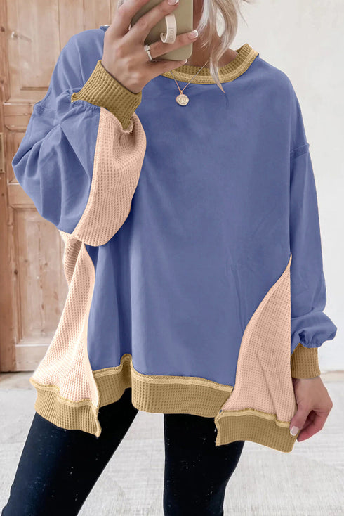 Mixed Texture Waffle Knit Accent Pullover Top