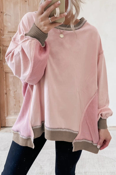 Mixed Texture Waffle Knit Accent Pullover Top