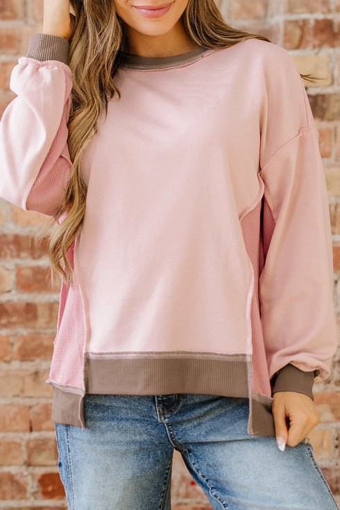 Mixed Texture Waffle Knit Accent Pullover Top