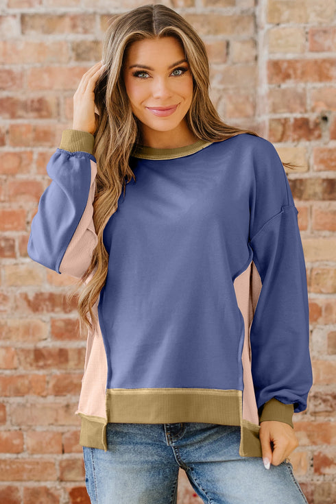 Mixed Texture Waffle Knit Accent Pullover Top