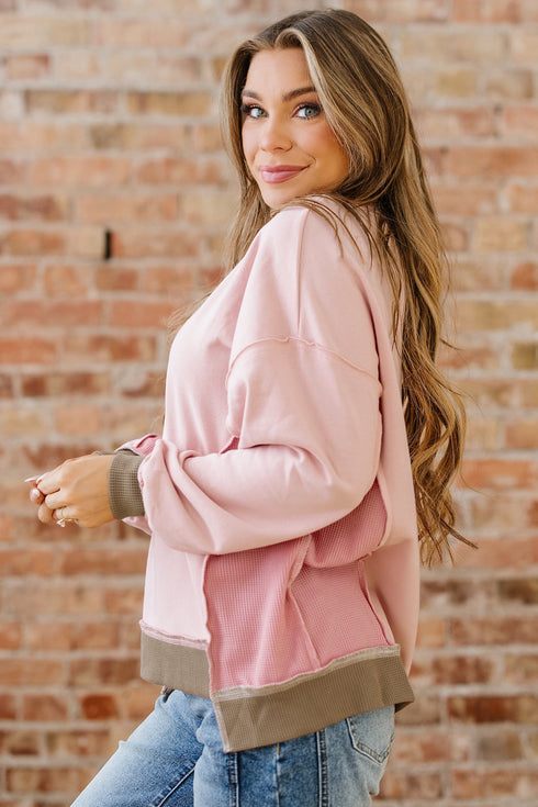 Mixed Texture Waffle Knit Accent Pullover Top