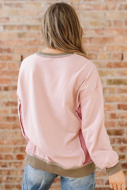 Mixed Texture Waffle Knit Accent Pullover Top
