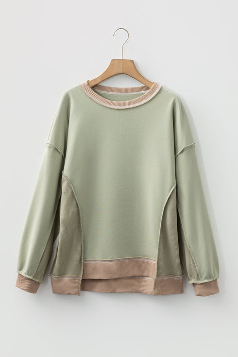 Mixed Texture Waffle Knit Accent Pullover Top