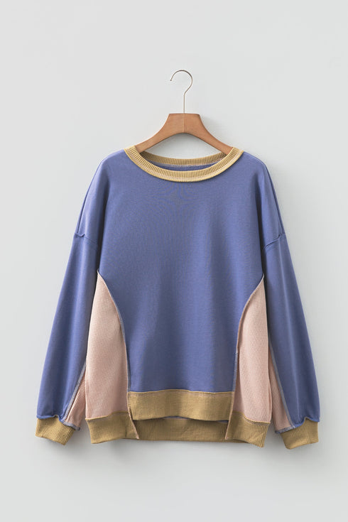 Mixed Texture Waffle Knit Accent Pullover Top
