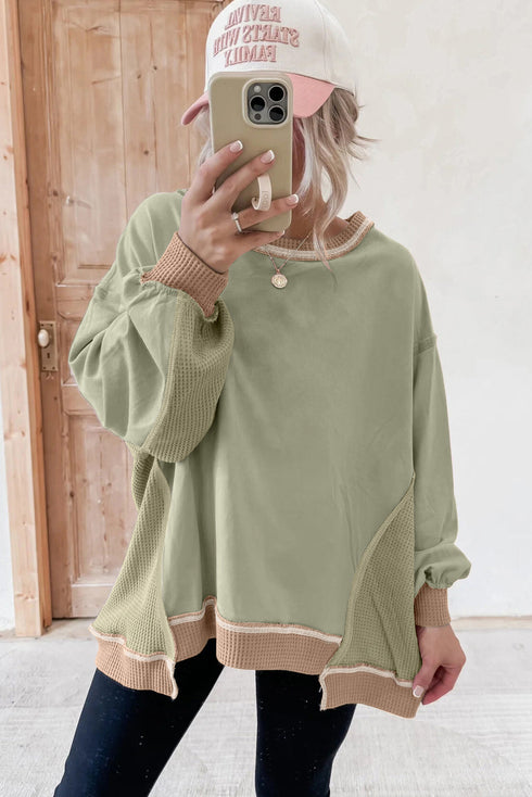 Mixed Texture Waffle Knit Accent Pullover Top