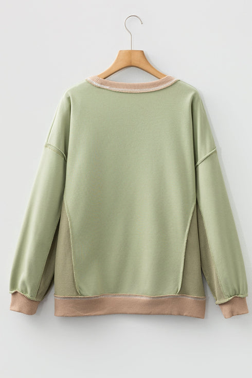 Mixed Texture Waffle Knit Accent Pullover Top