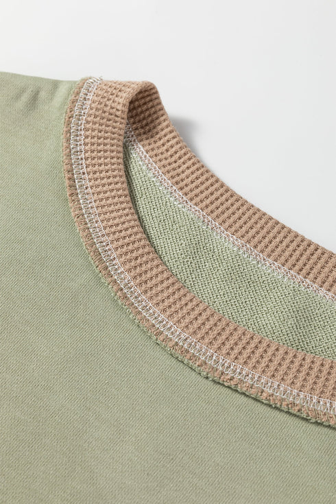 Mixed Texture Waffle Knit Accent Pullover Top