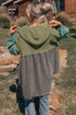 Mixed Texture Waffle Knit Patchwork Frayed Hem Hooded Top