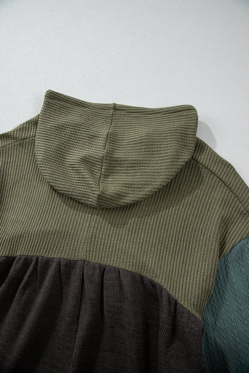 Mixed Texture Waffle Knit Patchwork Frayed Hem Hooded Top