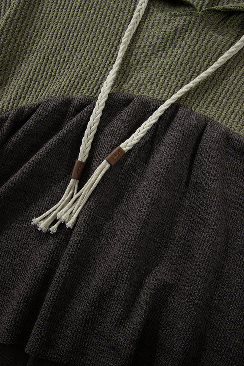 Mixed Texture Waffle Knit Patchwork Frayed Hem Hooded Top