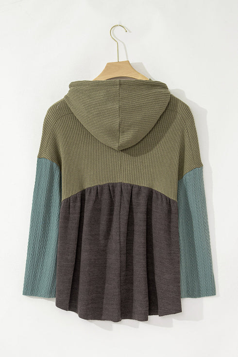 Mixed Texture Waffle Knit Patchwork Frayed Hem Hooded Top