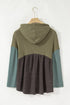 Mixed Texture Waffle Knit Patchwork Frayed Hem Hooded Top