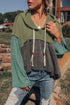 Mixed Texture Waffle Knit Patchwork Frayed Hem Hooded Top