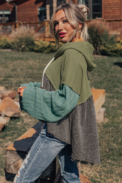 Mixed Texture Waffle Knit Patchwork Frayed Hem Hooded Top