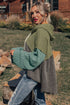 Mixed Texture Waffle Knit Patchwork Frayed Hem Hooded Top